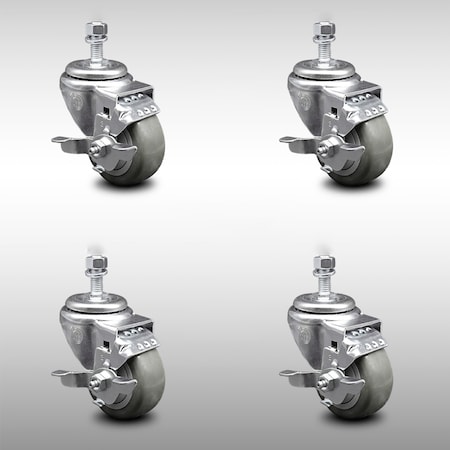 Service Caster 3 Inch SS Gray Polyurethane Wheel Swivel 1/2 Inch Threaded Stem Caster Set Brake SCC-SSTS20S314-PPUB-TLB-121315-4